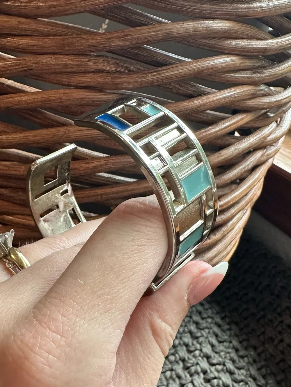 Y2K Silver Bracelet Watch with Turquoise Inlay